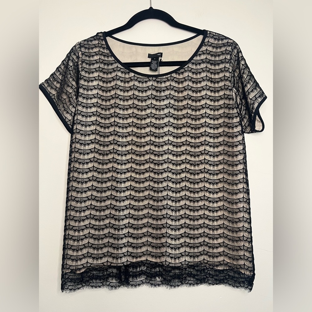 J.Crew Factory Black Lace Overlay Top‎ S Sheer Lined Cap Sleeve NWT career